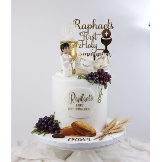 White Communion Fondant Cake  with Personalized Topper